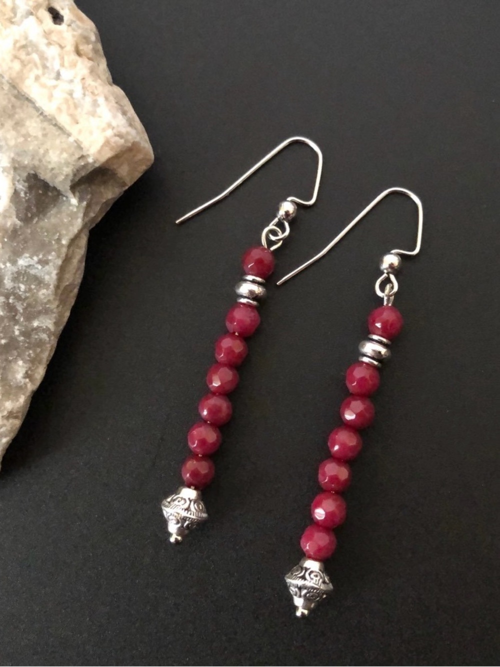 Handmade Ruby Beaded Dangle Earrings